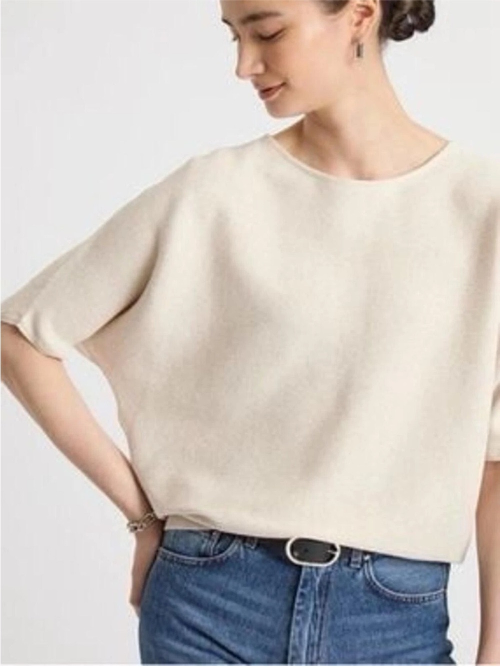 Quince Soft Beige Cotton Cashmere Blend Sweater Quiet Luxury Knit Dolman Sz S